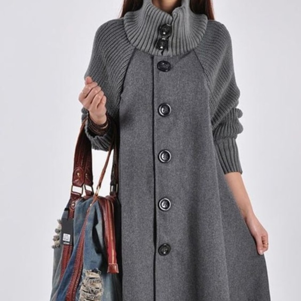 Knitted Sleeve Single Breasted A-line Coat